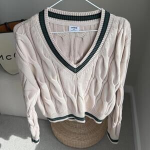 Cotton On Varsity V-Neck Crop Cable Knit Sweater | 100% Cotton